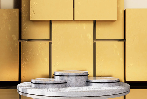 Podium product display stand with gold stand on abstract background. 3D rendering - Foto, Imagem
