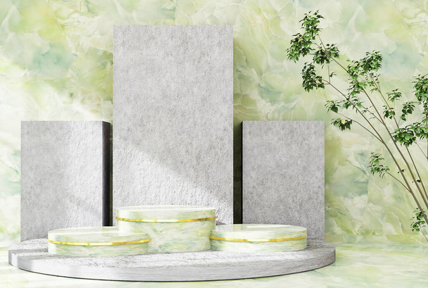 Podium product display stand with nature leaves and stones marble on abstract background. 3D rendering - Photo, Image