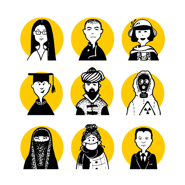 Колекція 09 коміксів обличчя і персонажі в каракулі стилі для монохромних аватарів і чорно-білих піктограм і встановити піктограми соціальних мереж і портрети для статей або блогу
 - Вектор, зображення