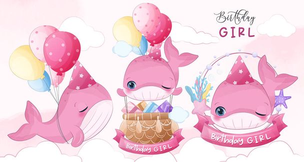 Birthday Girl, cute little whale Illustrations - Vector, Image