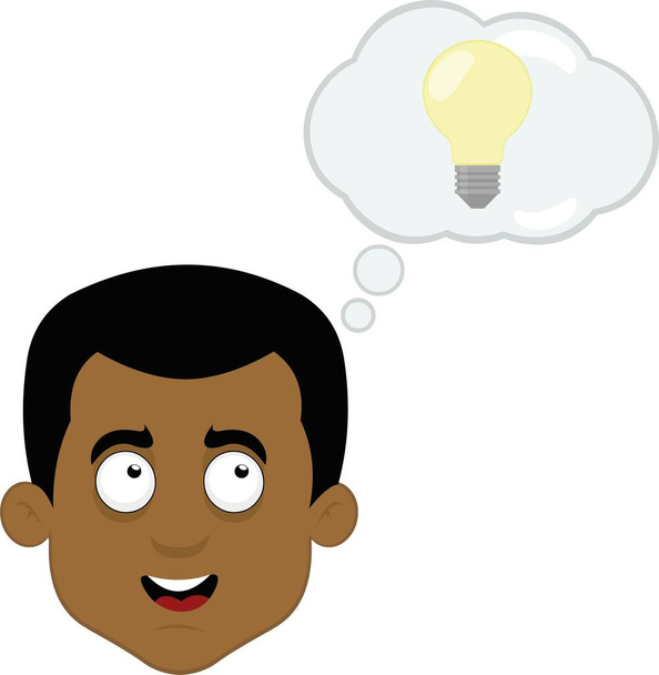 Illustrazione vettoriale del volto di un uomo calvo cartone animato, con una nuvola di pensiero con una lampadina, nel concetto di buona idea o creatività - Vettoriali, immagini