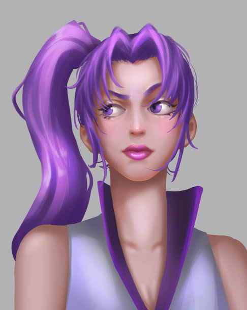 A Beautiful Girl with Purple Hair and Eye. The Girl Wore a High Ponytail. Concept Art. Book Illustration. Video Game Characters. Serious Digital Painting. CG Artwork. - Φωτογραφία, εικόνα