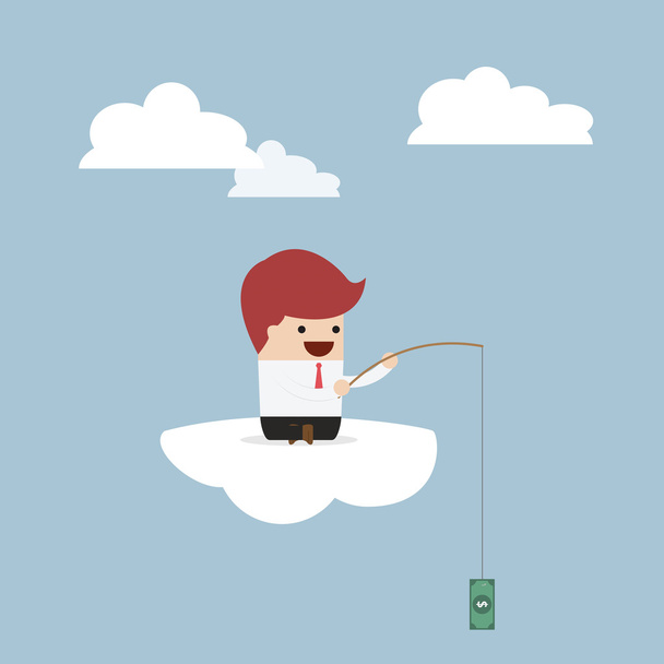 Businessman sitting on cloud with fish hook and dollar bait - Vector, Image