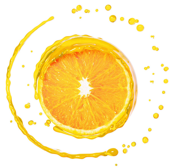 Juice splash with orange inside and drops isolated over white background, pouring liquid, abstract 3d rendering - Фото, изображение