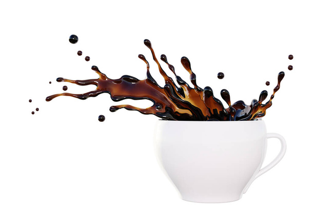 Splash of coffee or tea or hot chocolate in a white cup, splashing of espresso isolated on white background, 3D rendering. - Photo, Image