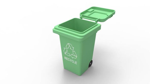 3D rendering of a green environment recycle trash bin container illustration model. Household disposal of plastic, food organic glass paper etc trash can. - Fotografie, Obrázek