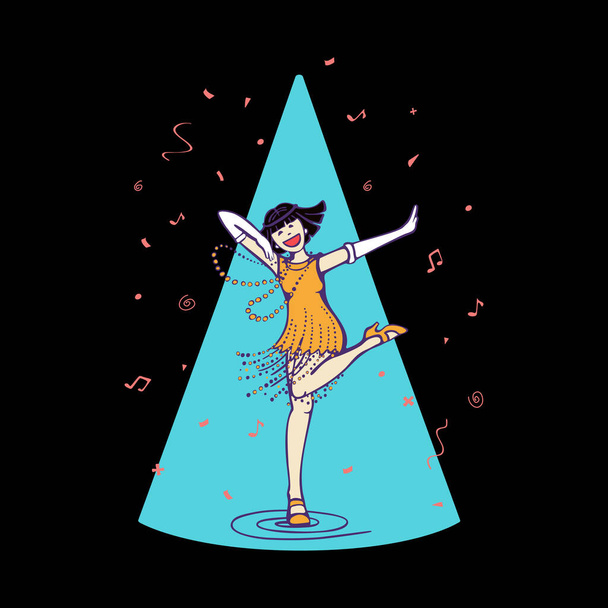 Cheerful girl dancing harleston dance on stage with confetti_color_black - Vector, Imagen
