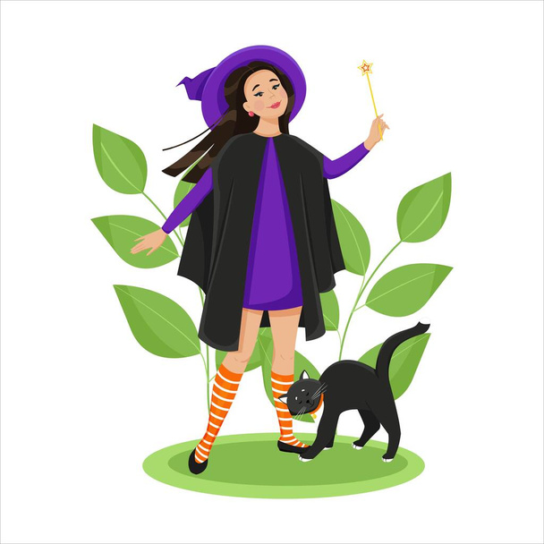 A cute witch in a robe and a big hat with a magic wand in her hand, a black cat at her feet. Vector illustration in flat style. - Vector, afbeelding
