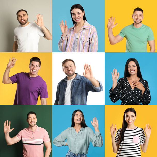 Collage with photos of cheerful people showing hello gesture on different color backgrounds - Photo, Image