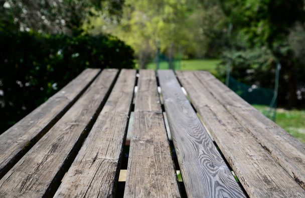 Empty wooden table in park on sunny day, closeup - 写真・画像