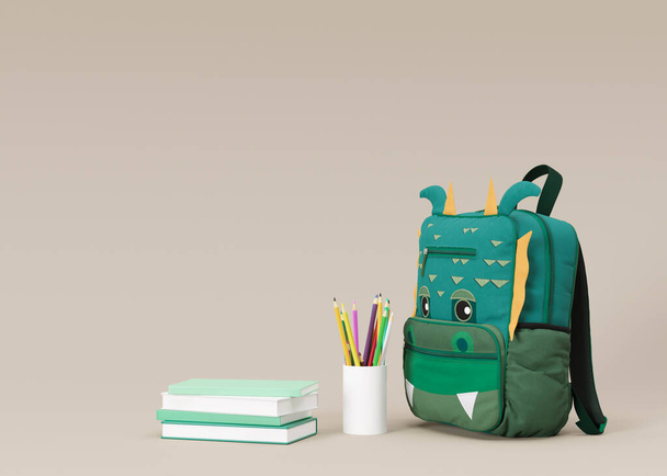 School stationery items on beige background with free space for text. Creative, colourful background with school supplies. Layout with copy space. School bag, backpack, pencils, books. 3D rendering - Foto, Imagem