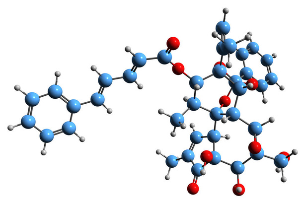  3D зображення скелетної формули Мезерейна - молекулярна хімічна структура токсичного ефіру дитерпену ізольована на білому тлі. - Фото, зображення