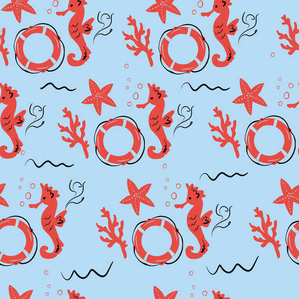 Seamless pattern seahorse ,coral,starfish under the sea.Vector illustration. - Vector, afbeelding