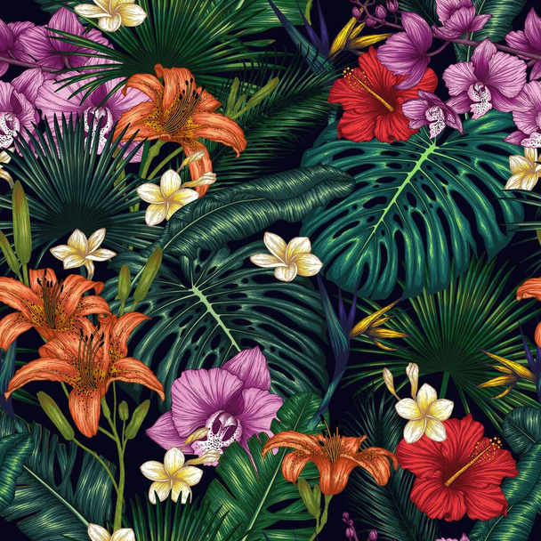  Seamless vector pattern with exotic plants. Graphic linear colored tropical flowers and leaves. Monstera, plumeria, orchid, palm and banana leaves, hibiscus, aralia, tiger lily, strelitzia - Vektör, Görsel