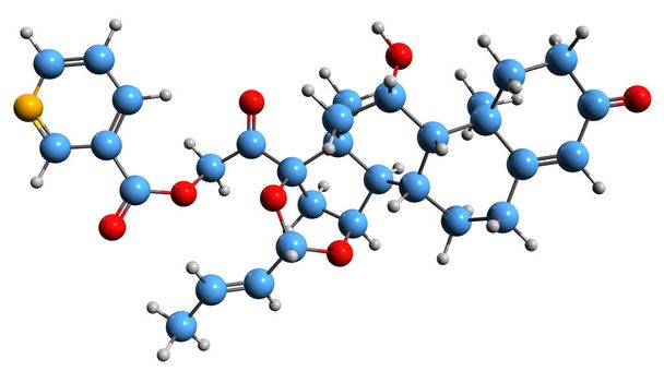 3D-зображення скелетної формули Нікокортоніду - молекулярна хімічна структура синтетичного глюкокортикостероїду ізольованого на білому тлі
 - Фото, зображення