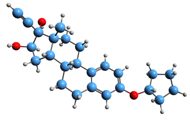 3D image of Nilestriol skeletal formula - molecular chemical structure of Ethinylestriol cyclopentyl ether isolated on white background - Zdjęcie, obraz