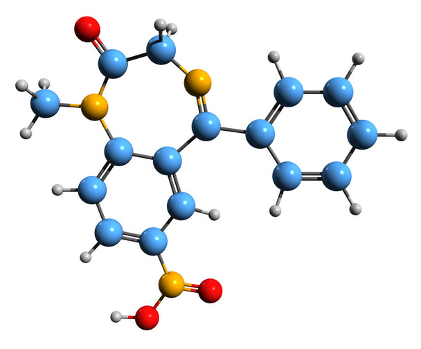  3D image of Nimetazepam skeletal formula - molecular chemical structure of intermediate-acting hypnotic drug isolated on white background - Foto, Imagem