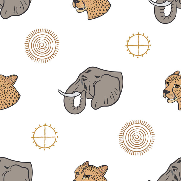 African animals collection. Vector graphic seamless pattern with african animals. cheetah and elephant on a white background - Vettoriali, immagini
