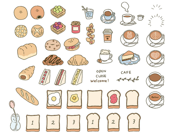 Simple touch Various breads and cafe motifs illustration set - Wektor, obraz