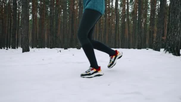 woman running on track outdoor jogger wearing colored trainers and leggings in winter athlete sprinting fast cardio workout for fit and health in forest outdoors sport active lifestyle - Video, Çekim