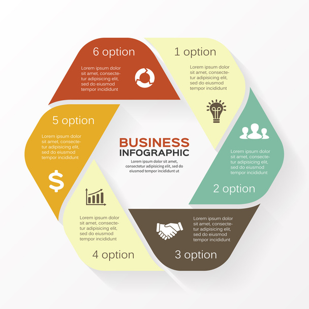 Infographic, diagram, 6 lehetőségek, alkatrészek, lépések. - Vektor, kép