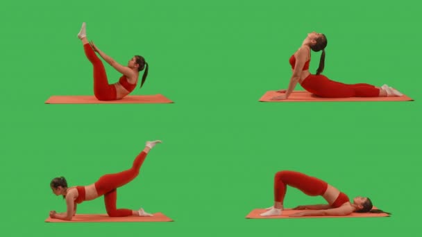 collage woman doing exercises lying on yoga matt fitness Isolated on Green Screen background - Séquence, vidéo