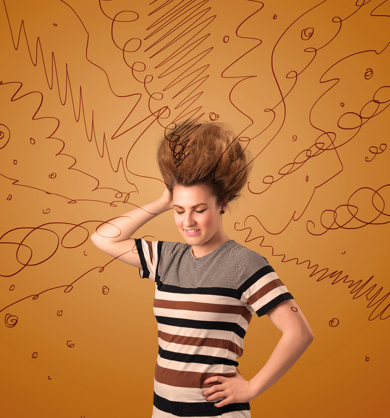Excited young woman with extreme hairtsyle and hand drawn lines - Zdjęcie, obraz