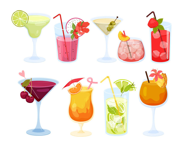 Set of various summer colorful cocktails. Cocktail party, alcohol drinks with exotic fruits, mojito and gin glasses, beverages with tropical decorations vector illustration - Vektor, obrázek