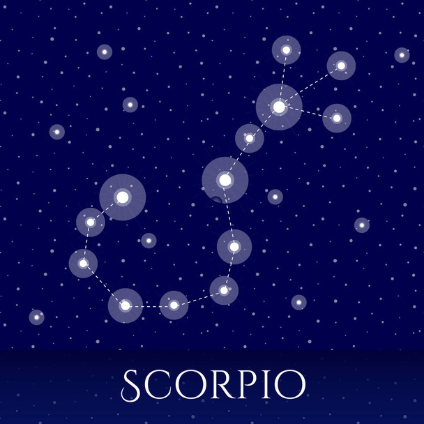 Zodiac constellation Scorpio. Vector illustration with Scorpio constellation, over blue starry background and the word Scorpio - Vector, imagen