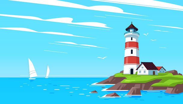Lighthouse on rock island in sea. Horizontal Seascape with sailboats and marine navigation tower with on coast vector - Вектор, зображення
