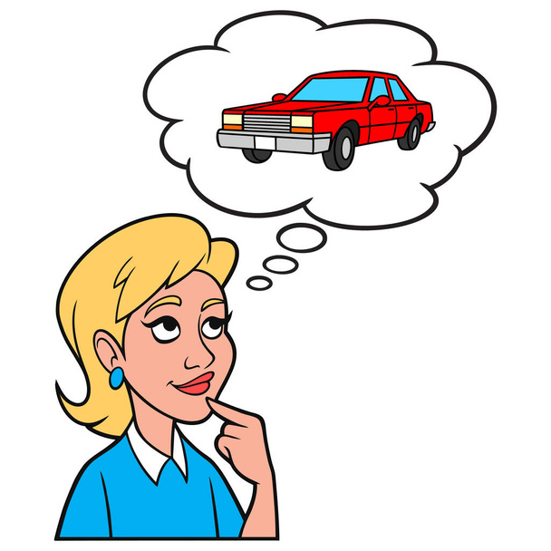 Дівчина думає про автомобіль мультяшна ілюстрація дівчини думає про покупку нового автомобіля
. - Вектор, зображення