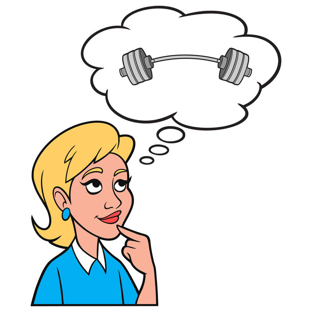 Girl thinking about Weight Training - A cartoon illustration of a Girl thinking about Weight Training. - Vector, Image
