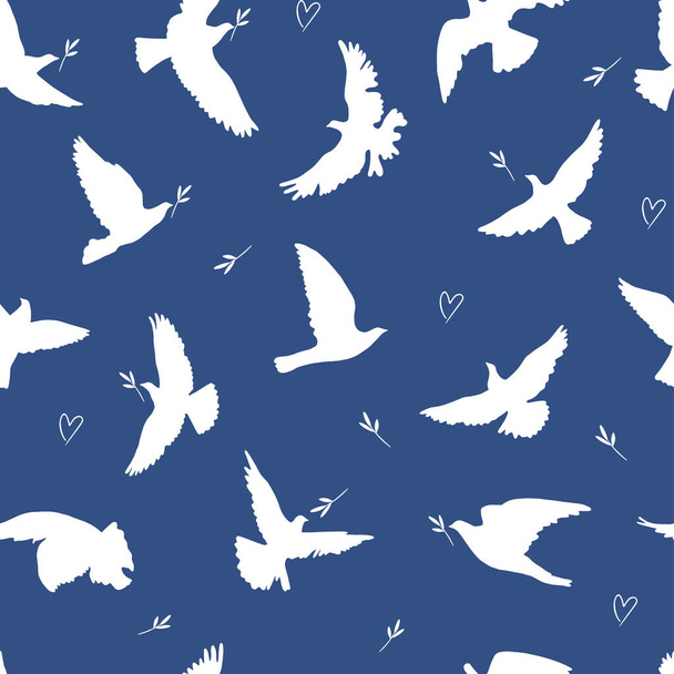 Flying birds silhouettes seamless pattern. Doves of peace silhouettes vector pattern - Vetor, Imagem