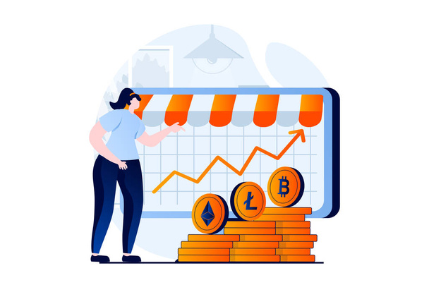 Cryptocurrency marketplace concept with people scene in flat cartoon design. Woman analyzes data on crypto exchange and buys bitcoins, litecoins or ethereum. Illustration visual story for web - Foto, imagen