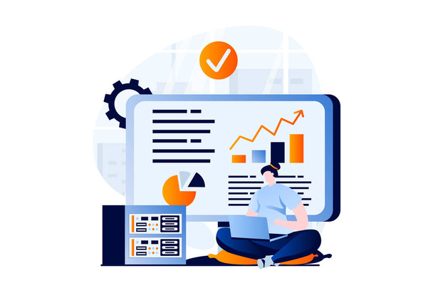 Data science concept with people scene in flat cartoon design. Woman works with charts and graphs at dashboard, making financial report and analyzing data. Illustration visual story for web - Foto, immagini