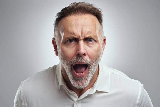 Hey, did you hear what I said. Studio portrait of a mature man yelling against a grey background - Фото, изображение