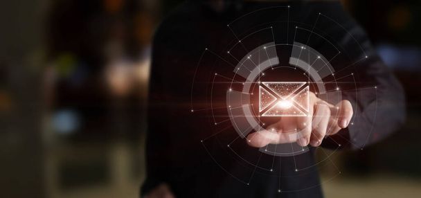 The concept of sending and forwarding emails using a virtual screen. - Zdjęcie, obraz