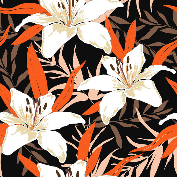 Blossom floral seamless pattern. Lily flowers with branches and leaves scattered random. Trendy abstract vector texture. Good for fashion prints, fabric, design. Hand drawn flowers on black background - Vektor, Bild