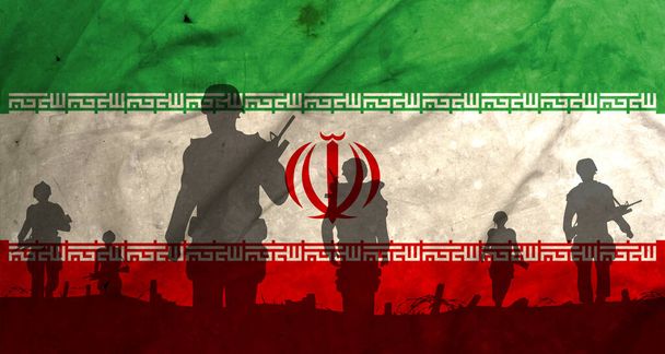 War in Iran, shadow of soldiers in the battlefield on dirty flag Iran, war crisis concept in Iran - Foto, immagini