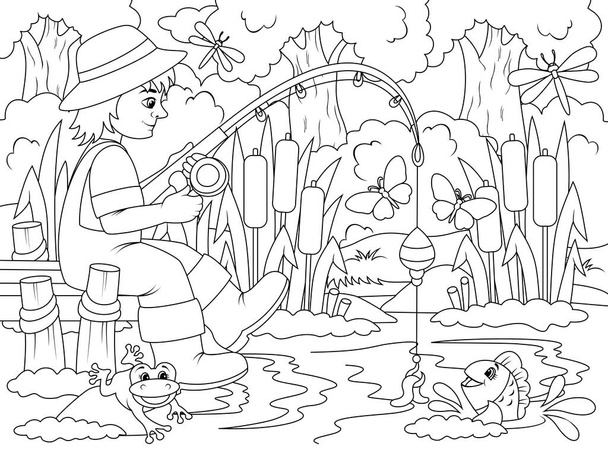 Fishing, a fisherman catches fish in nature. Pier on the lake. Children coloring, vector illustration. - Vector, afbeelding