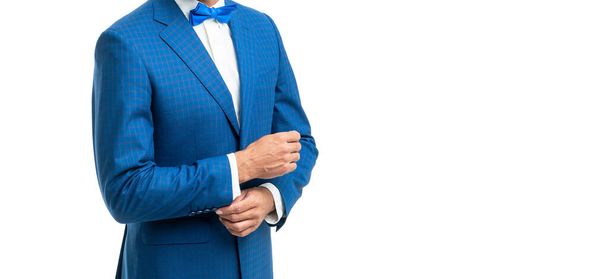 charismatic man bridegroom in blue rich tux bow isolated on white background. - Fotó, kép
