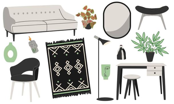 A large set of furniture for the living room in Scandinavian style, black and gray colors. Sofa, armchair, chair, table, carpet, plants, vases, lamp, mirror. Flat design, vector illustration. - Vetor, Imagem