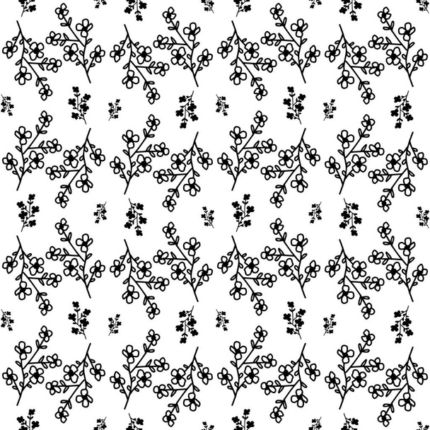 Flower doodles seamless pattern. Black flowers on white background, hand drawn floral texture. Spring themed cute sketch elements. Line art vector illustration for wedding invitation backdrop, textile - Vektor, Bild