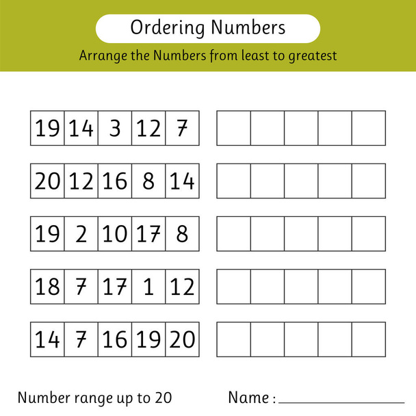 Ordering numbers worksheet. Arrange the numbers from least to greatest. Number range up to 20. Math. Vector illustration - Vektor, obrázek