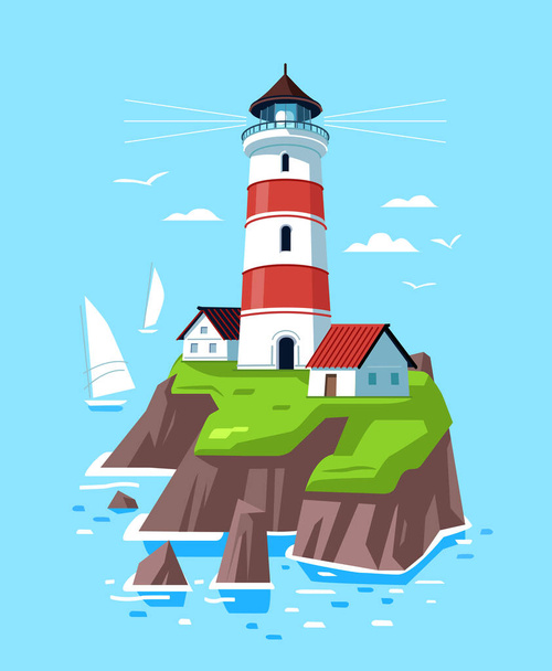 Lighthouse on rock island in sea. Beacon on coastline vector. Seascape with nautical navigation tower with lamp on coast - Vektor, kép