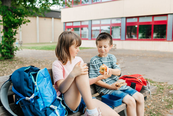 Children sit on a bench in the school yard and eat apples and sandwiches. Snack during break time during class. - Zdjęcie, obraz