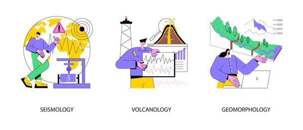 Geotiede abstrakti konsepti vektori kuvitus asetettu. Seismologia ja vulkanologia, geomorfologia yliopiston tieteenala, maanjäristys ja tektoninen liike, vulkaaninen toiminta abstrakti metafora. - Vektori, kuva