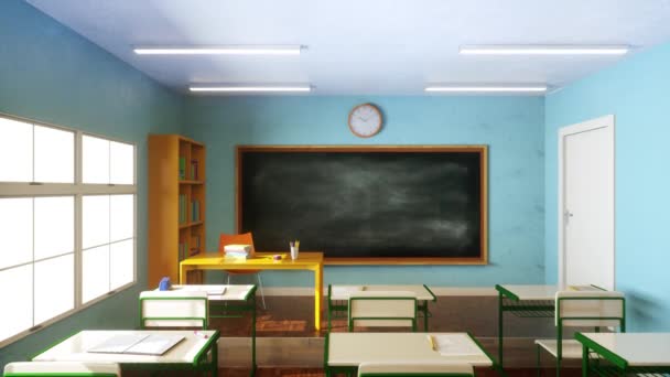 4K Video Animation. Blank blackboard in an empty school classroom. Zoom in. Education concept. - Video