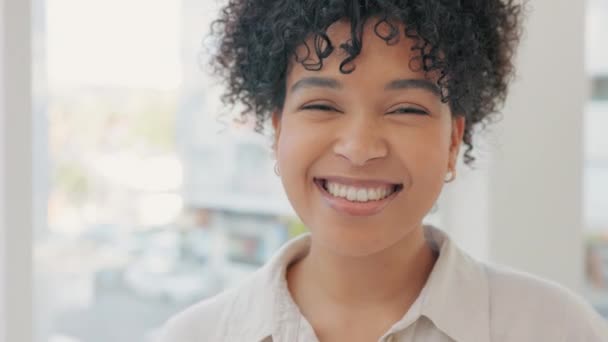 Face of a happy, confident and cheerful female business woman smiling, feeling positive and working in her office. Portrait of a young corporate female enjoying success and feeling ambitious at work. - Filmati, video