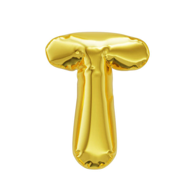 Letter T shiny golden inflatable balloons isolated on white background with clipping path. 3d rendering - Foto, imagen